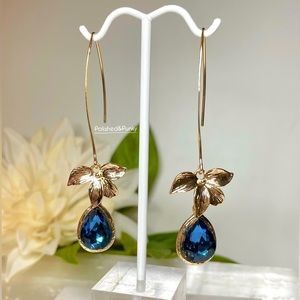 14kt gold plated Blue Sapphire style flower earrings  ~ Dangle earrings Gift Box